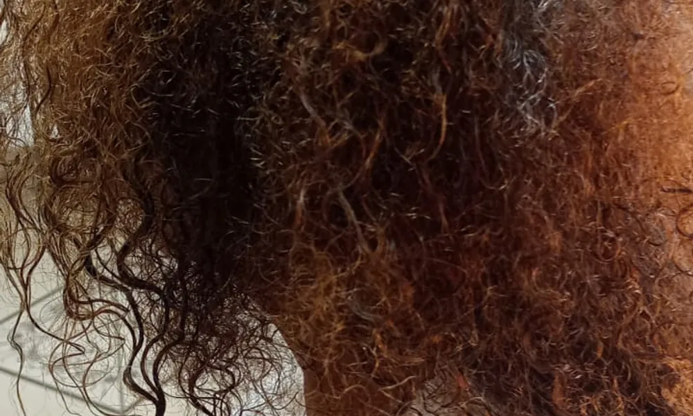 Antes e depois de cliente com cabelo transformado de volumoso e danificado para liso espelhado
