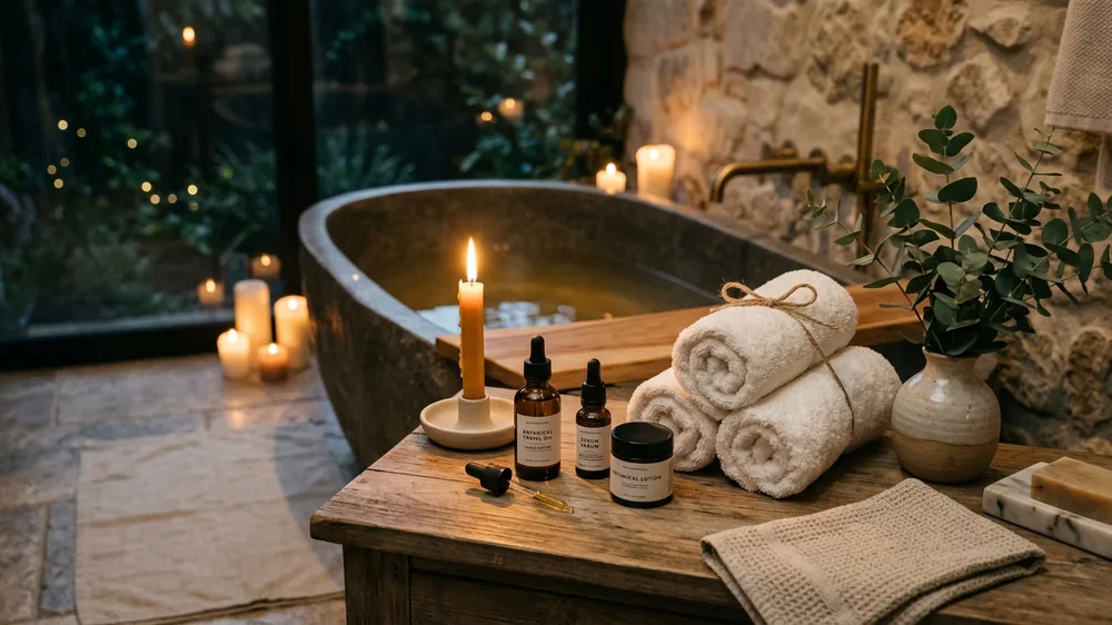 Banheiro aconchegante com velas acesas, toalhas brancas macias e óleos botânicos para ritual noturno