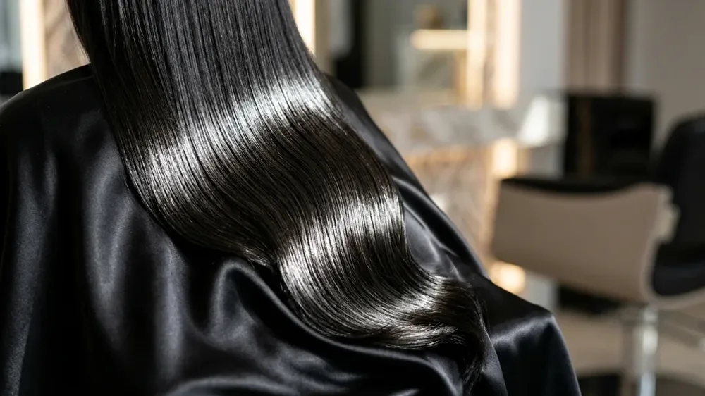 Mulher com cabelo liso brilhante e saudável em efeito espelhado após cronograma capilar