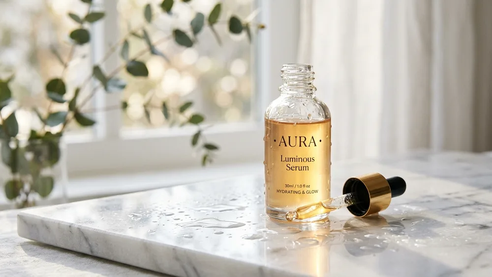 Gotas de sérum facial com vitamina C e ácido hialurônico para aplicação matinal